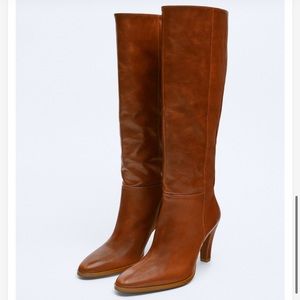 Zara Tall Heeled Leather Boots in Cognac Brown